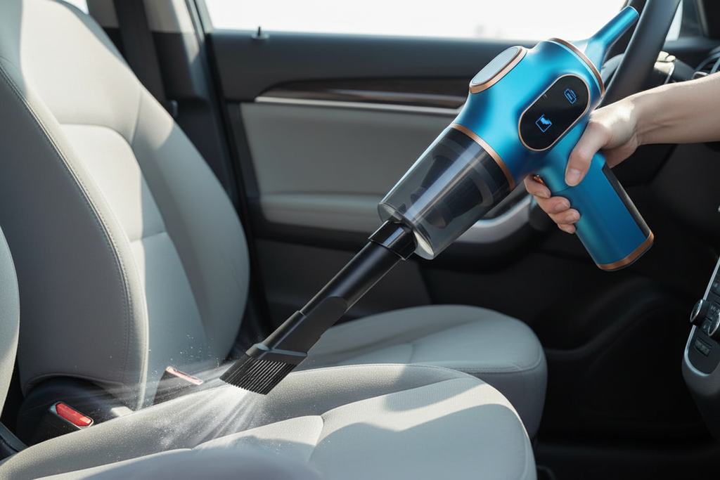 Aspirateur bleu dans une voiture