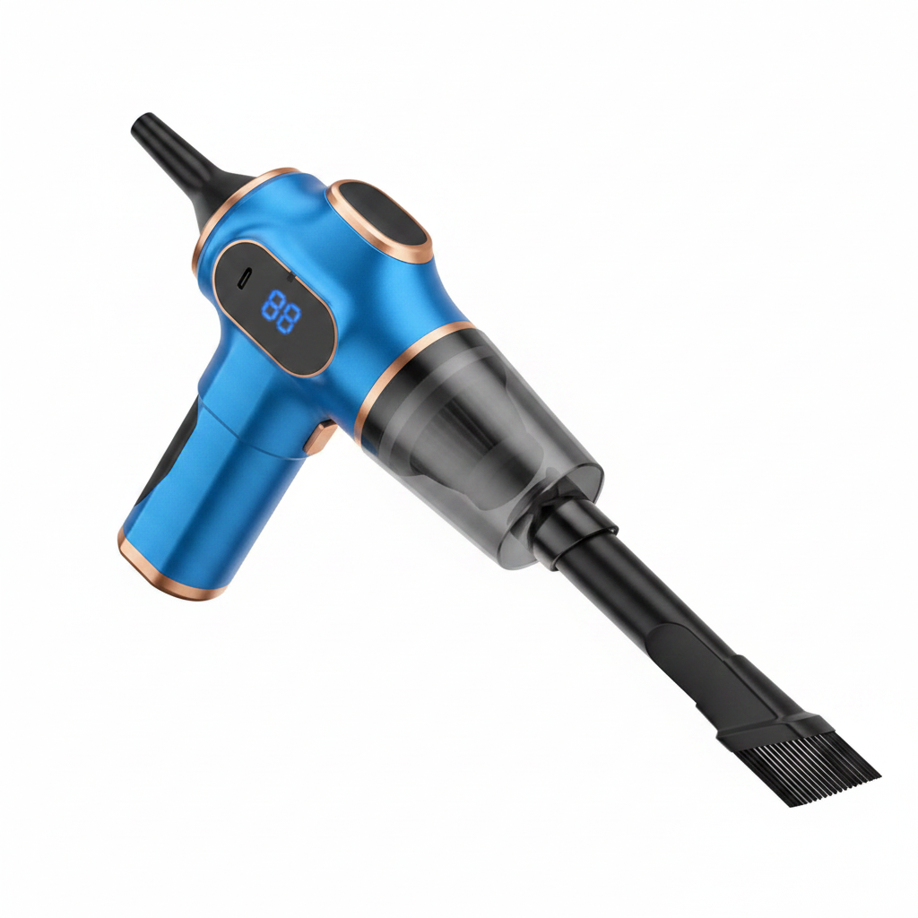 Aspirateur bleu fond blanc 45°