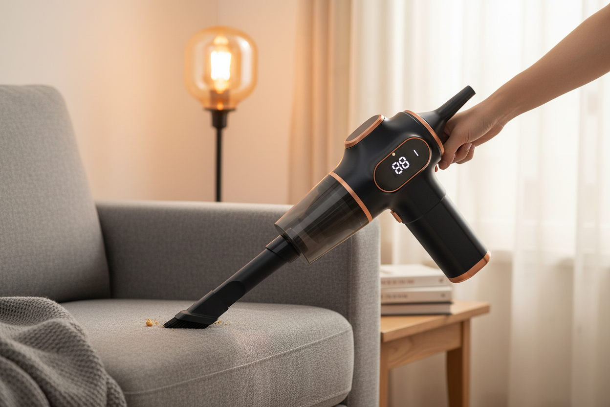 Aspirateur noir sur un canapé